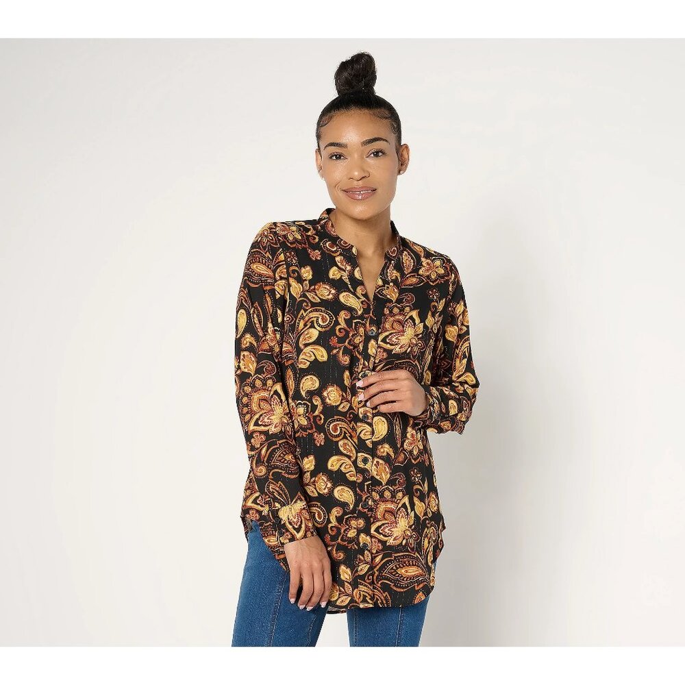 Belle by Kim Gravel Let the Good Times Scroll Tunic Blouse Sz 3X Black Gold NEW